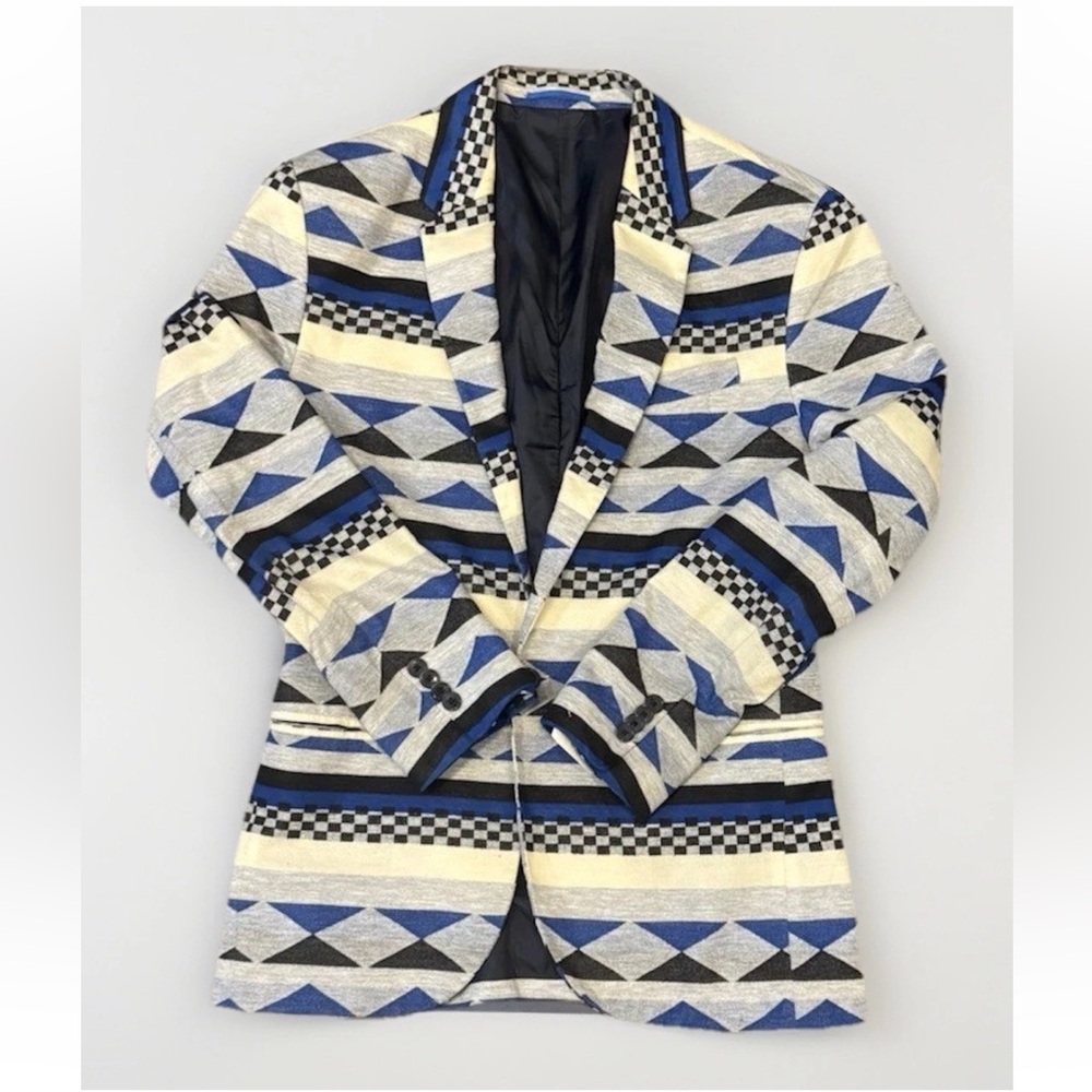 Zara Man Medium Statement Blazer | Southwestern Geometric Design | Blue Black